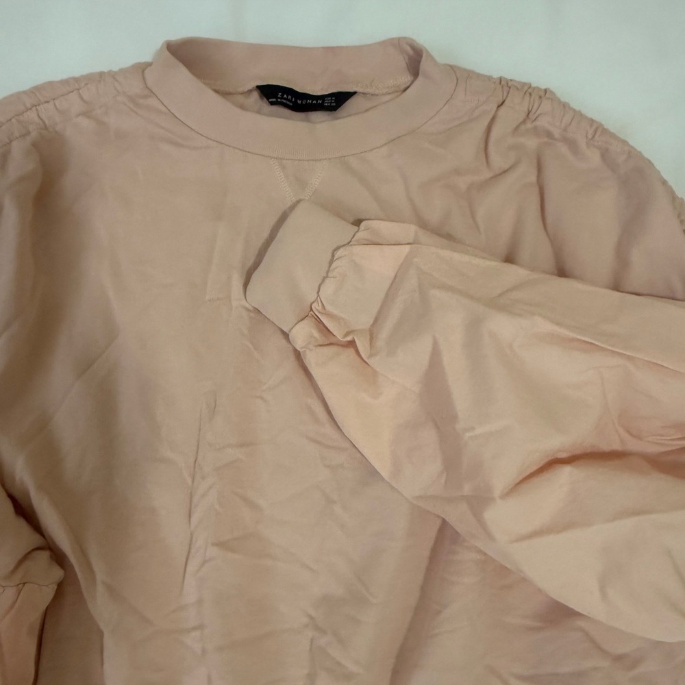 ZARA Pink‎ Gathered Sleeve Sweatshirt Women Medium Crew Neck Casual Pullover